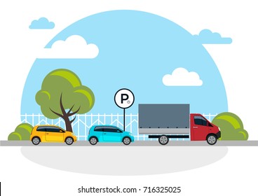 Parking lot vector illustration isolated on white, flat parking lot sign near the car parked, cartoon parking place design