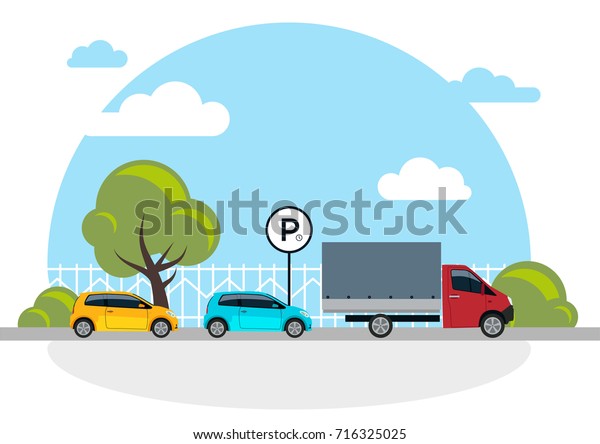 白い背景に駐車場のベクターイラスト 駐車した車の近くに平らな駐車場の標識 カートーンの駐車場デザイン のベクター画像素材 ロイヤリティフリー