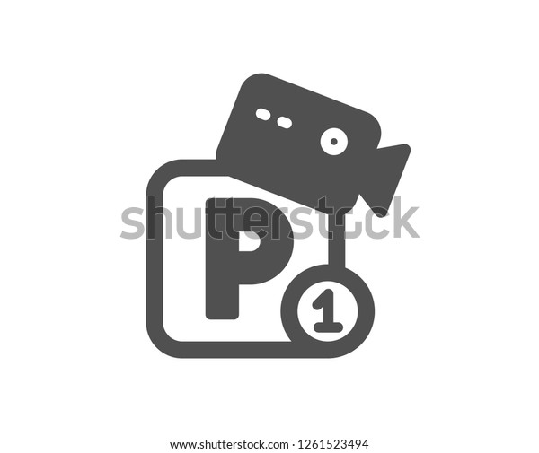 Parking with video monitoring icon. Car park sign.\
Transport place symbol. Quality design element. Classic style icon.\
Vector