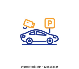 Parking with video monitoring line icon. Car park sign. Transport place symbol. Colorful outline concept. Blue and orange thin line color icon. Parking security Vector