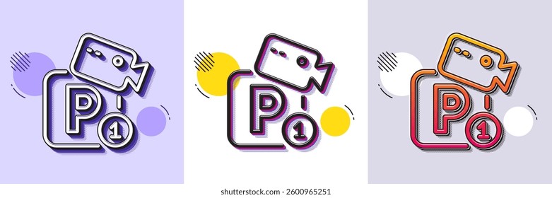 Parking with video monitoring line icon. Halftone dotted pattern. Gradient icon with grain shadow. Car park sign. Transport place symbol. Line parking security icon. Various designs. Vector