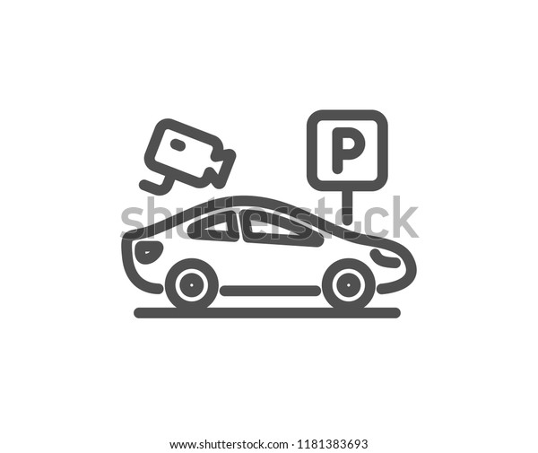 Parking with video monitoring\
line icon. Car park sign. Transport place symbol. Quality design\
element. Classic style parking video. Editable stroke.\
Vector