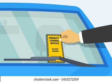 Parking Violation Ticket Fine On The Windshield Of Car. Flat Vector Illustration.