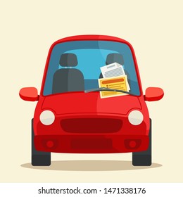 Parking violation ticket fine placed on the car windshield, under wiper. Penalty charge notice, illegal parking. Vector illustration flat design, cartoon style. Isolated background, front view.