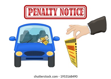 Parking violation ticket fine placed on the car windshield, under wiper. Penalty charge notice, illegal parking. Warden hand holding violation ticket. Street rules and safety.Stock vector illustration