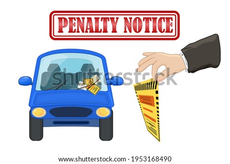 Parking violation ticket fine placed on the car windshield, under wiper. Penalty charge notice, illegal parking. Warden hand holding violation ticket. Street rules and safety.Stock vector illustration