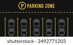 Parking zone with car symbols, yellow parking line. Free parking here poster in flat style. Parking diagram, urban travel, transportation backdrop. Vector illustration