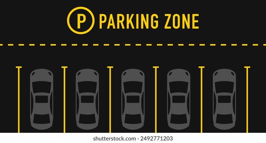 Parking zone with car symbols, yellow parking line. Free parking here poster in flat style. Parking diagram, urban travel, transportation backdrop. Vector illustration