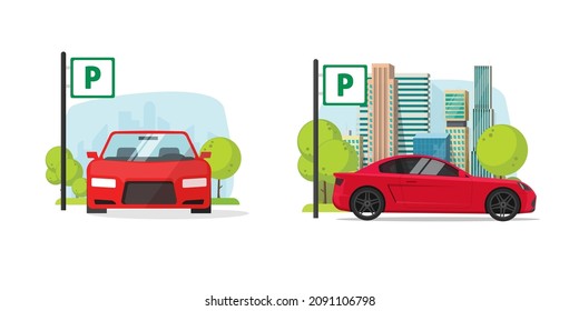 Parking Lot Zone For Car Vector Or Automobile Park Space Area On City Street Scene Flat Cartoon Illustration, Auto Stop Station Spot With Sign