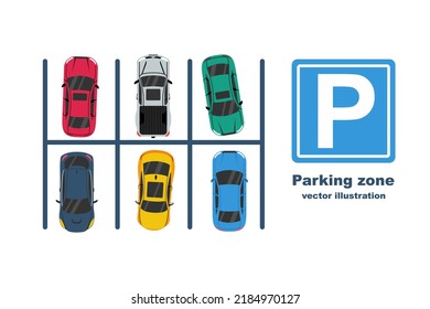 Parking zone. City parking. City infrastructure. Top view of cars and parking lots. Place for vehicle. Vector illustration flat design. Isolated on white background. Urban area.