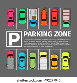 Parking zone conceptual web banner. Place sign symbol. Lot or car park. City structure. Parkade. Shortage spaces. Large number of cars. Vector