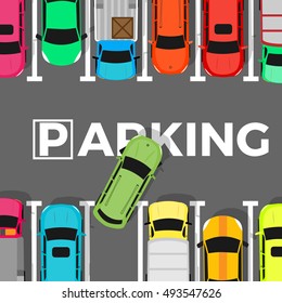 Parking zone conceptual web banner. Place sign symbol. City structure. Parkade. Shortage spaces. Large number lot of cars in park. Vector