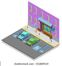 Parking zone isometric template with cars empty disabled lot near building vector illustration