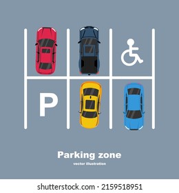 Parking zone. Landing page city parking. City infrastructure. Top view of cars and parking lots. Place for vehicle. Vector illustration flat design. Isolated on white background. Urban area.
