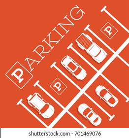 Parking zone poster in minimalist style. Top view parked cars in parking lot, outdoor auto park, free public parking, city transport services vector illustration.