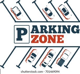 Parking zone poster in minimalist style. Top view parked cars in parking lot, outdoor auto park, free public parking, city transport services vector illustration.