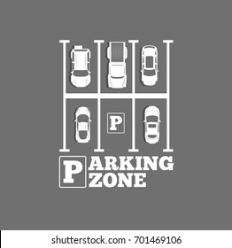 Parking zone poster in minimalist style. Top view parked cars in parking lot, outdoor auto park, free public parking, city transport services vector illustration.