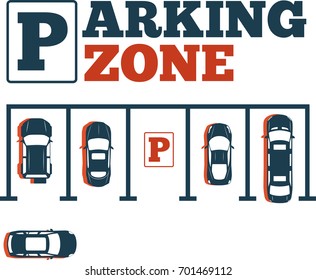 Parking zone poster in minimalist style. Top view parked cars in parking lot, outdoor auto park, free public parking, city transport services vector illustration.