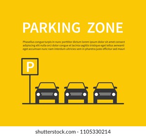 Parking zone sign with car black silhouette icons. City parking lot vector concept. Carpark banner, place area for car illustration