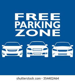Parking zone sign with car icons isolated on blue background. Free parking concept. Vector illustration.