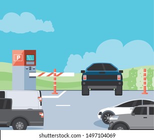 parking zone with ticket machine and barricade scene