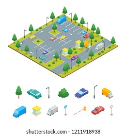 Parking Zone Transport and Elements Concept 3d Isometric View for Web and App Design. Vector illustration