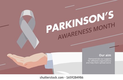 Parkinson's disease awareness month template. Silver ribbon on doctor hand for elderly neurology problems like dementia, alzheimer, amnesia, tremor, ovarian, trembling, disorder. Isolated vector 