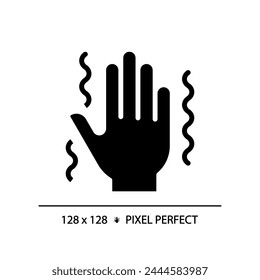 Parkinsons disease black glyph icon. Central nervous system disorder. Hand tremor. Synapses illness, special needs. Silhouette symbol on white space. Solid pictogram. Vector isolated illustration