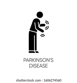 Parkinson's disease glyph icon. Movement, walking difficulty. Shaking and rigidity. Parkinsonism. Parkinsonian syndrome. Mental health. Silhouette symbol. Negative space. Vector isolated illustration