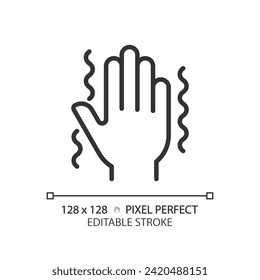 Parkinsons disease linear icon. Central nervous system disorder. Hand tremor. Synapses illness, special needs. Thin line illustration. Contour symbol. Vector outline drawing. Editable stroke