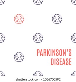 Parkinson's disease poster. Pattern of healthy brain icons with one organ affected by the illness. Top view body anatomy sign. Degenerative disorder of the central nervous system vector illustration.