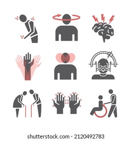 Parkinson's disease. Symptoms, Treatment. Flat icons set. Vector signs.