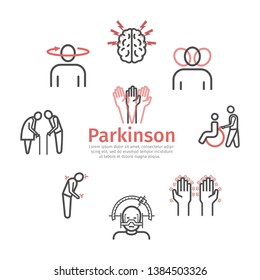 Parkinson's disease. Symptoms, Treatment. Line icons set. Vector signs.