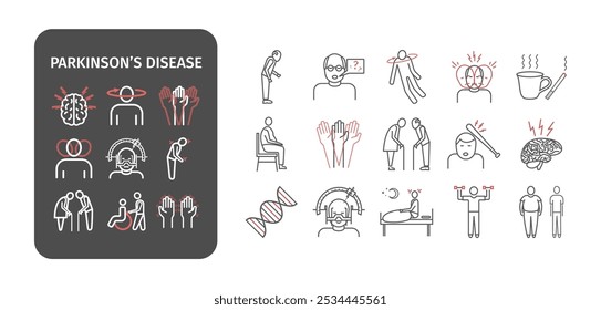 Enfermedad de Parkinson. Síntomas, tratamiento. Conjunto de iconos de línea. Signos de Vector para gráficos de Web.