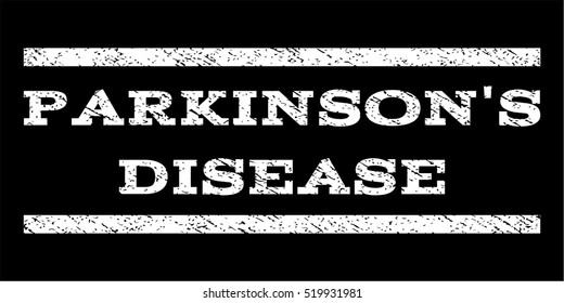 Parkinson'S Disease watermark stamp. Text tag between horizontal parallel lines with grunge design style. Rubber seal stamp with dirty texture. Vector white color ink imprint on a black background.