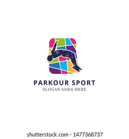 Parkour athlete jumping sign. Free running, youth, sport and lifestyle concept. Vector Illustration. Branding Identity Corporate logo design template Isolated on a white background. mosaic colorful