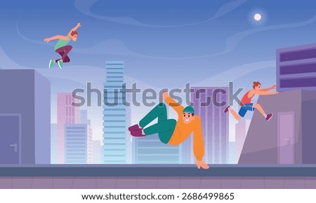 Parkour background. City landscape with active sport extreme athletes running and jumping exact vector cartoon background template