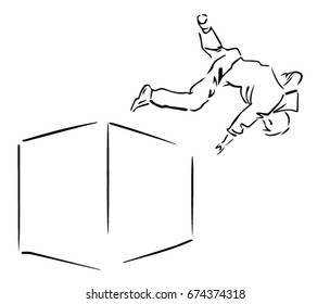 parkour b&w simple vector sketch, Jumping man or falling from height. 2 from parkour set of 15 drawings 