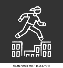 Parkour chalk icon. Traceur running in city environment. Traversing obstacles. Person jumping in urban space. Street workout. Extreme sport. Isolated vector chalkboard illustration