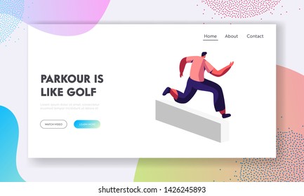Parkour in City. Teenager Sportsman Jumping Over Wall. Urban Sports, Active Lifestyle, Sport Activity and Training Outdoors, Website Landing Page, Web Page. Cartoon Flat Vector Illustration, Banner