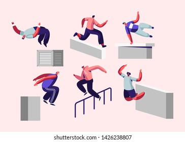 Parkour in City. Young Men Jumping Over Walls and Barriers, Urban Sports, Active Lifestyle, Sport Activity. Teenagers Tricks on Street, Free Runner Training Outdoors, Cartoon Flat Vector Illustration