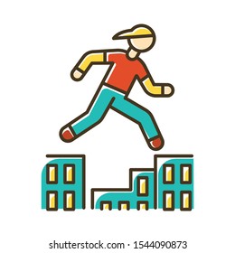 Parkour color icon. Traceur running in city environment. Traversing obstacles. Person jumping in urban space. Street workout. Extreme sport Isolated vector illustration