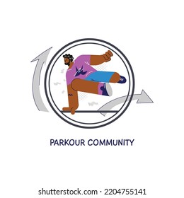 Parkour Community oder Extremsportclub Emblem Logo-Design mit männlichem Athleten, flache Cartoon Vektorgrafik einzeln auf weißem Hintergrund.