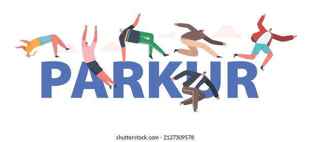 Parkour Concept. Young Men and Women Jumping Over Walls and Barriers, Teenagers Urban Sports, Active Lifestyle, Sport Activity T on Street Poster, Banner or Flyer. Cartoon People Vector Illustration