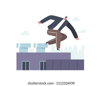 Parkour Extreme Tricks, Young Man Character Street Jumping Over Walls and Building Roof, Urban Sport Activity and Culture, Teenager Lifestyle, Free Runner Stunts. Cartoon People Vector Illustration
