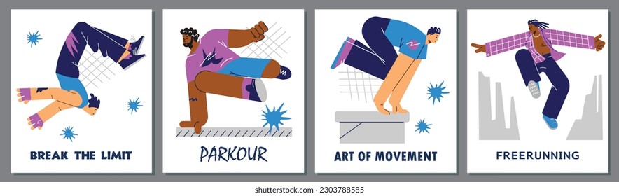 Parkour- und Freeruning-Plakatset, flache Vektorgrafik. Sammlung von jungen Männern oder Jugendlichen, die springen, klettern und Hindernisse überwinden. Konzept des extremen urbanen Sports.