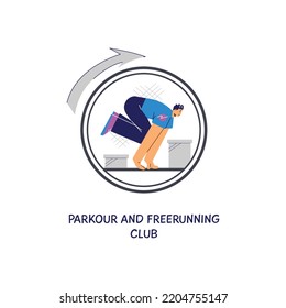 Parkour und Freerning Club Emblem mit männlichen Athleten. Logo des Sportaktivitäts-Clubs, flache Cartoon, Vektorgrafik einzeln auf weißem Hintergrund.