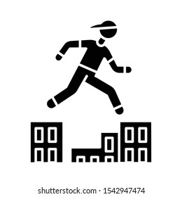 Parkour glyph icon. Traceur running in city environment. Traversing obstacles. Person jumping in urban space. Street workout. Silhouette symbol. Negative space. Vector isolated illustration