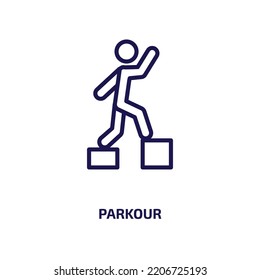 icono de parkour de la colección de actividades y hobbies. Parkour lineal delgado, actividad, icono de salto de contorno aislado en fondo blanco. Signo de parkour vectorial de línea, símbolo para web y móvil