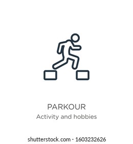 Parkour icon. Thin linear parkour outline icon isolated on white background from activities collection. Line vector sign, symbol for web and mobile